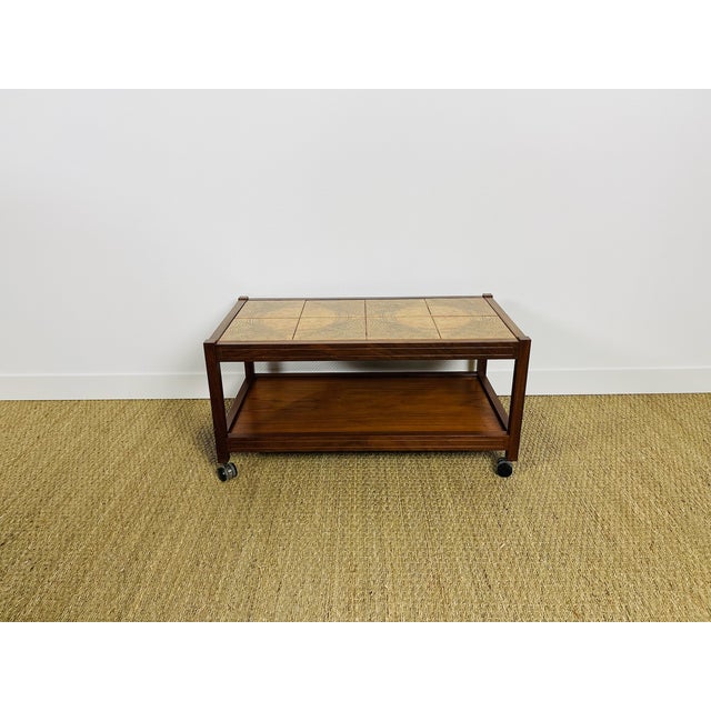 Mid-Century Modern Vintage Teak and Ceramic Coffee Table on Casters, 1960s For Sale - Image 3 of 10