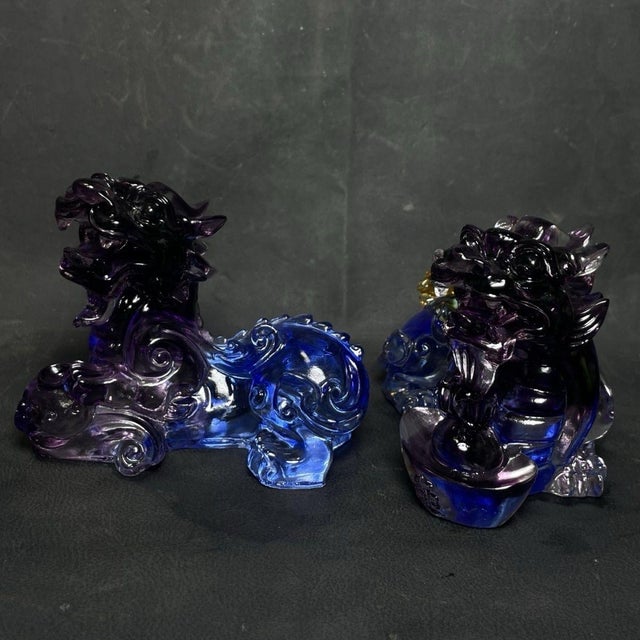 Chinese Pair of Vintage Chinese Purple Glass / Liuli Kirin Sculptures - Feng Shui Wealth Guardians For Sale - Image 3 of 9