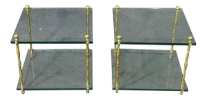 Faux Bamboo Brass Baguès Style Glass and Brass Square Low End Side Tables, Pair