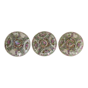 Set 3 Chinese Oriental Canton Porcelain Flowers Graphic Display Plate