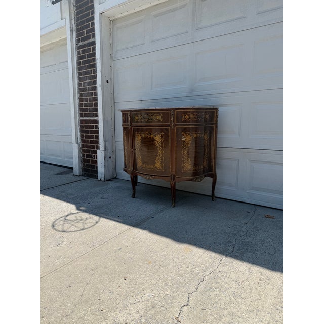 Wood Vintage Louis XV Style Marquetry Bombe Cabinet With Marble Top For Sale - Image 7 of 11