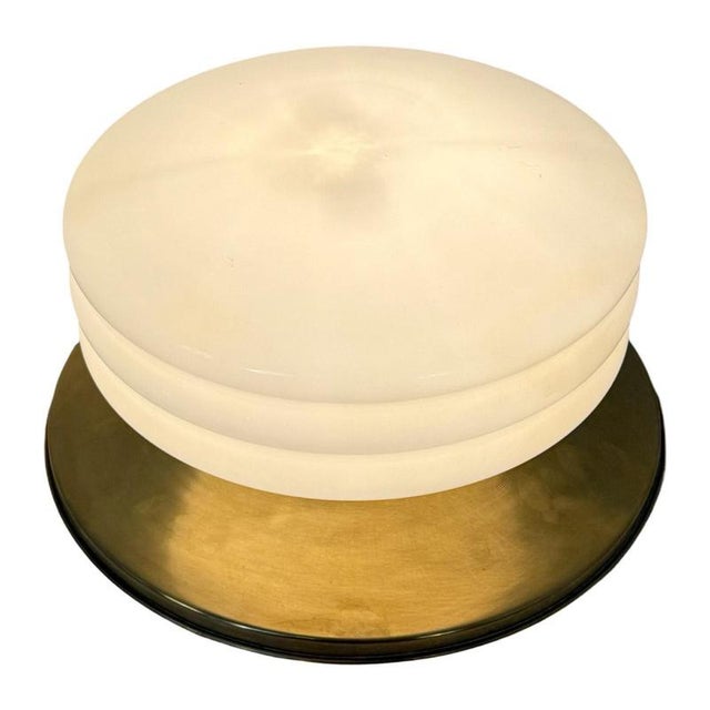 Vintage Art Deco Italian Brass and Opaline Glass Ceiling-mounted Lamp from Deknudt Lustrerie For Sale - Image 4 of 9