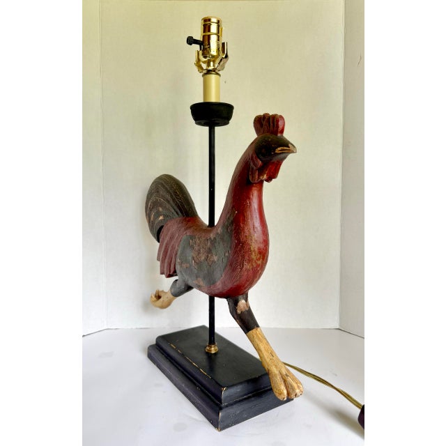 Wood Vintage Rustic Folk Art Rooster Table Lamp For Sale - Image 7 of 12