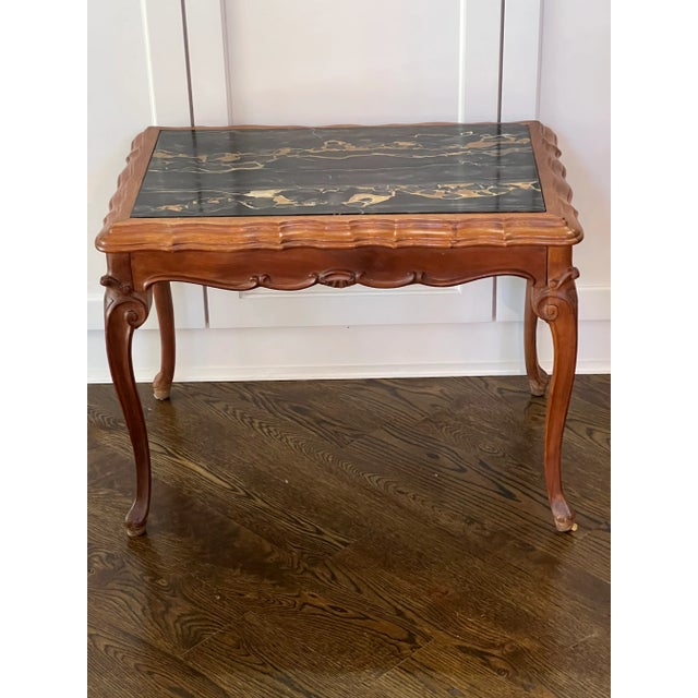 Vintage Italian Black Marble Walnut Wood Double Bevelled Edge Table For Sale - Image 12 of 12