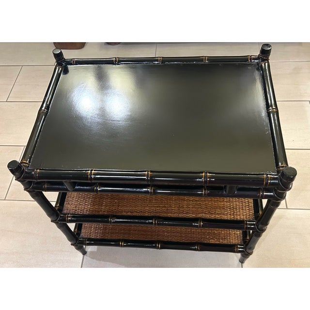 Vintage Chinoiserie Tiered Coffee Table With Serving Tray and Gold Metal Handles, Tiers Lined With Woven Cane, Faux Bamboo Legs and Floral Motifs For Sale - Image 9 of 12
