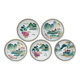 Vintage Porcelain Japanese Bowls With Landscape Scenes, Set of 5 For Sale