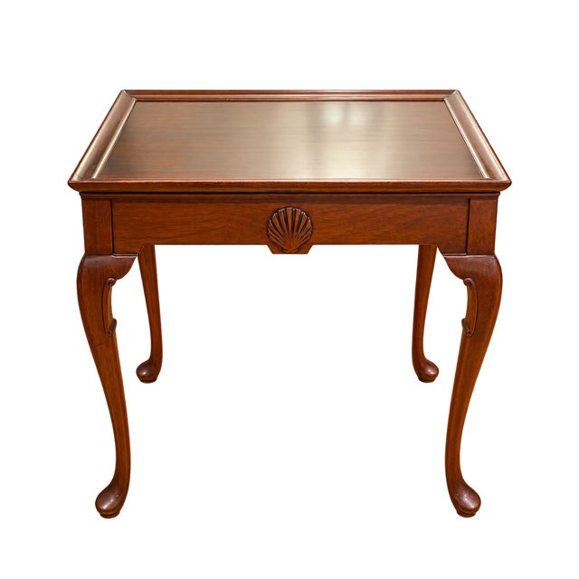 Dimensions: 28" W x 18" L x 26" H Gorgeous 1966 vintage mahogany English Queen Anne tray top tea table. Beautiful details:...