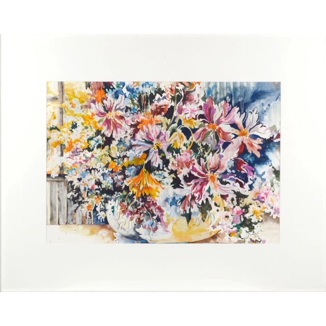 Colorful flowers fill the foreground in this large-scale watercolor still-life of a spring bouquet bursting with blossoms...