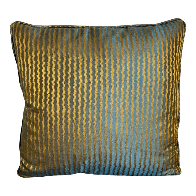 Pair of Designer Aqua & Gold Wavy Stripe Accent Pillows – Contemporary Luxury Décor For Sale