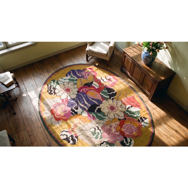 Gorgeous Goldenrod Background With Big Colorful Flowers Oval Antique English Art Deco Rug For Sale In New York - Image 6 of 7