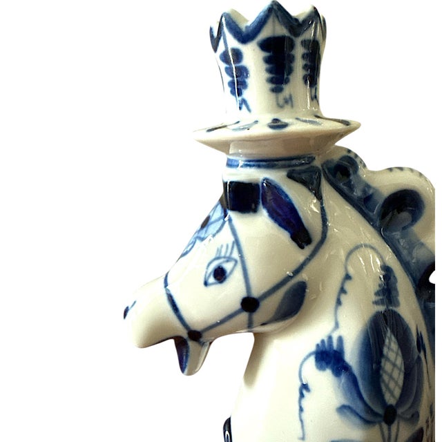 Ceramic Vintage Russian Gzhel Blue & White Horse-Form Candlesticks – A Pair For Sale - Image 7 of 9