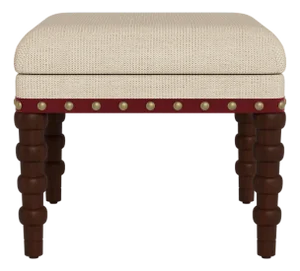 Bunny Williams Home Red Tape Stool in Natural Performance Herringbone Chenille with Antique Brass Nailheads and Mahogany Legs