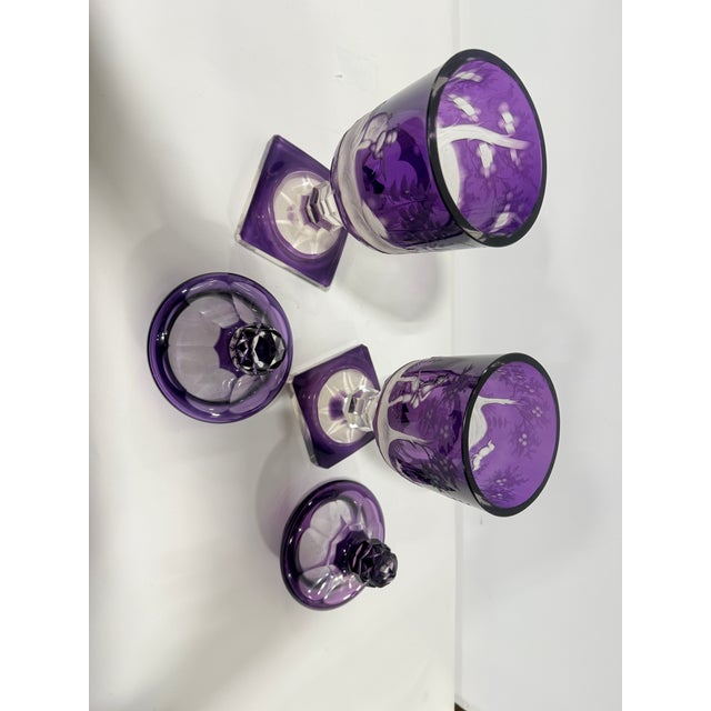 Pr, Bohemian Amethyst Hunting Engraved Glass Covered Urns, Late 19th Century For Sale - Image 11 of 11