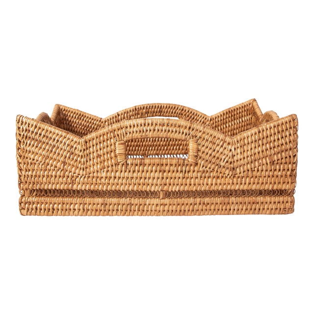 Artifacts Rattan Rectangular Scalloped Shelf Basket - Honey Brown For Sale
