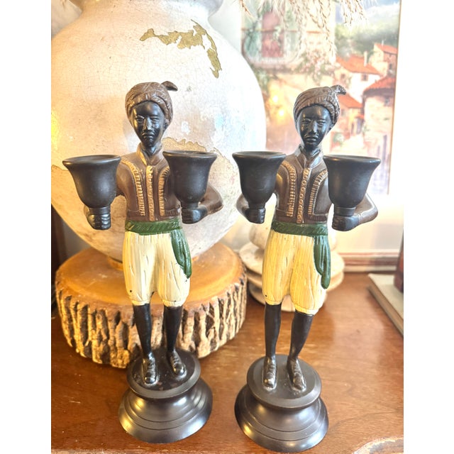 Vintage Moorish Figural Double Candleholders, Pair – Hand Painted Cast Metal Candlesticks, Hollywood Regency Style For Sale - Image 10 of 10
