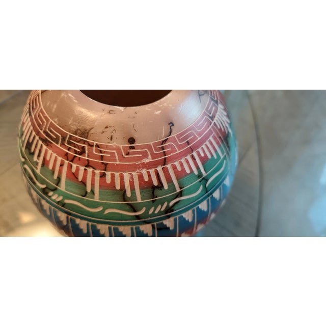 Tribal Vintage Horsehair Stoneware Clay Pot With Carved Buffalo For Sale - Image 3 of 5
