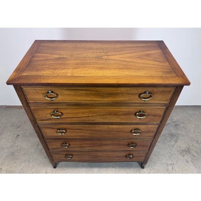 Mid 20th Century Mid 20th Century Baker Furniture Walnut /Satinwood Bow Front Tall Dresser Chest of Drawers For Sale - Image 5 of 12