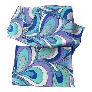 1970s Pucci-Like Print Blue Linen Placemats- Set of 12 For Sale