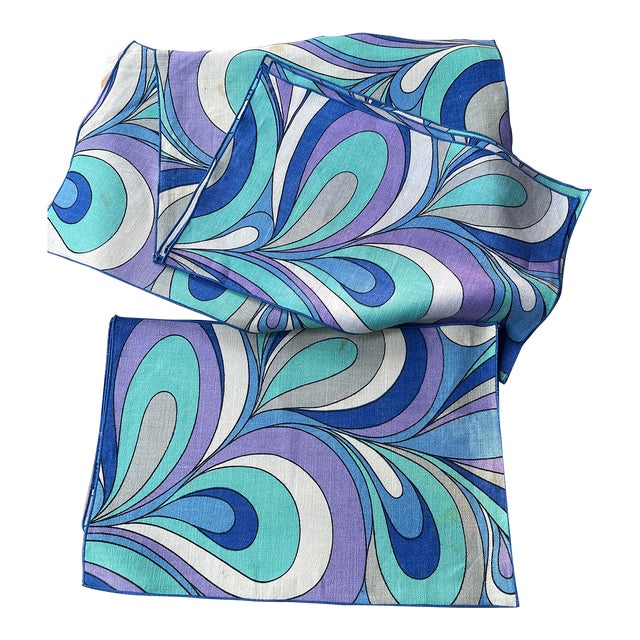 1970s Pucci-Like Print Blue Linen Placemats- Set of 12 For Sale