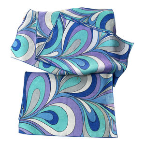 1970s Pucci-Like Print Blue Linen Placemats- Set of 12