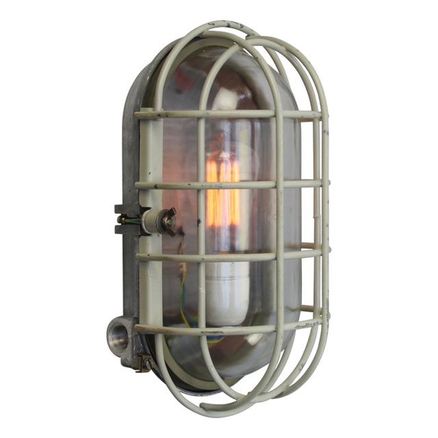 Vintage German Industrial Gray and Clear Glass Wall Sconce For Sale