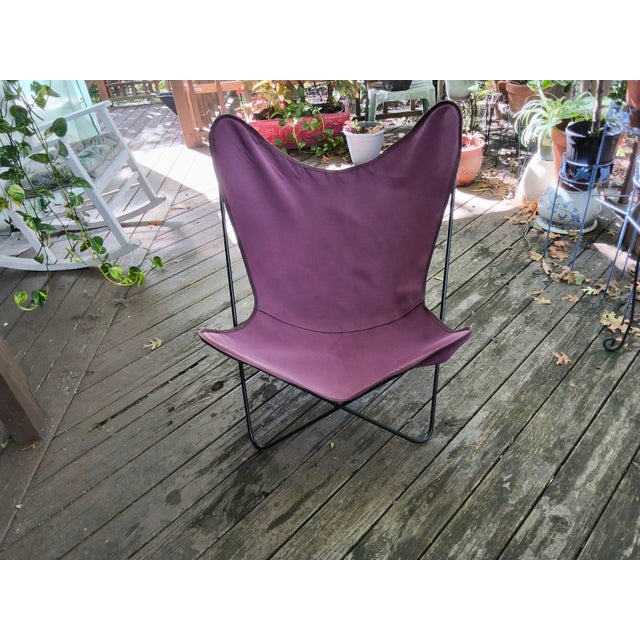 Mid-Century Modern Hardoy Style Welded Solid Wrought Iron BKF Butterfly Chair With Purple Canvas Seat For Sale - Image 12 of 15