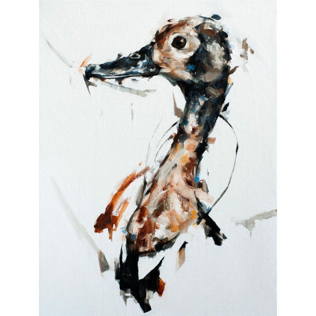 Duck by Thibault Jandot | Oil Painting of a duck's head and neck against a light background For Sale