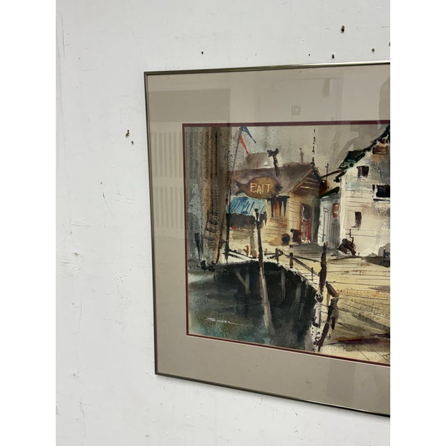 Kenneth Siqueira Fishing Wharf Framed Watercolor, Signed For Sale - Image 4 of 11