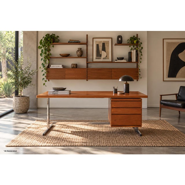 Dating back to the 1960s, this German mid-century modern executive desk combines richly figured teak with a polished...