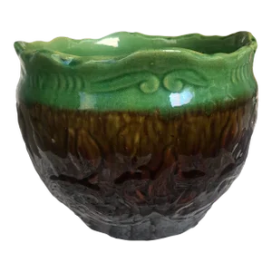 1920s Weller Pottery Green & Chocolate Brown Glazed Jardiniere in Tulip Motif