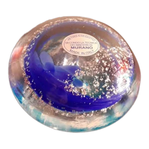 1980s Murano Art Glass Cobalt Blue Aventurine Paperweight, Made in Italy