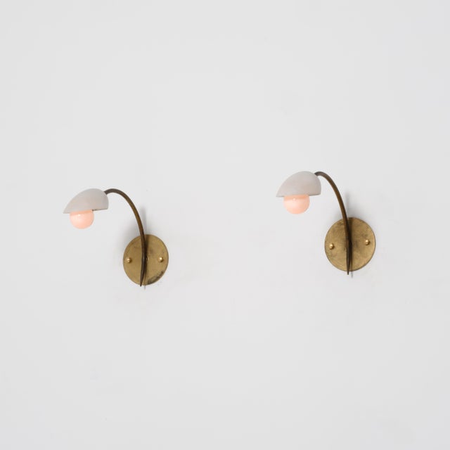 Gold Italian Curved Brass and Opaline Glass Sconces, 1950s, Set of 2 For Sale - Image 8 of 13