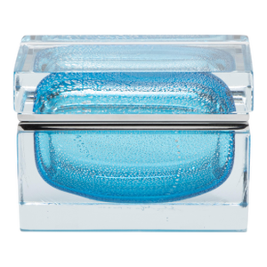 Hand-Blown Murano Box in Aqua Blue With Silver Flecks and Chrome Fittings