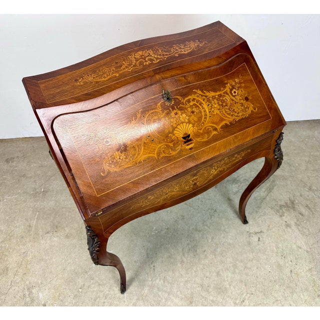 Wood Antique French Louis XV Style Ormolu Mounted Marquetry Inlaid Slant Front Ladies Desk For Sale - Image 7 of 12