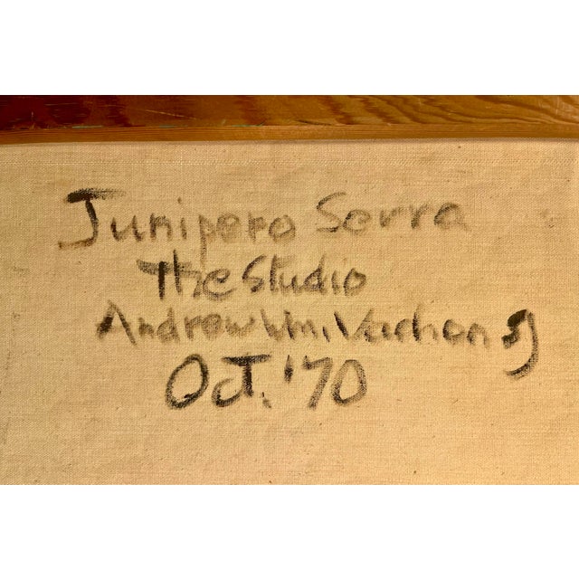 Textile 1970 Oil on Canvas Painting by Andrew William Vachon “Junipero Serra the Studio" For Sale - Image 7 of 7