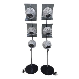 Mid 20th Century Mid Century Modern Chrome Triple Light Lamps With Metal Spaghetti Shades – Pair For Sale