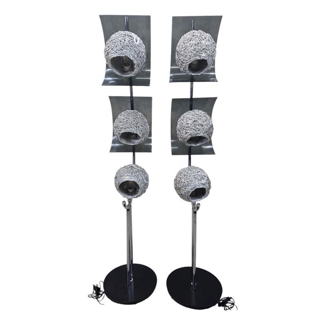 Mid 20th Century Mid Century Modern Chrome Triple Light Lamps With Metal Spaghetti Shades – Pair For Sale
