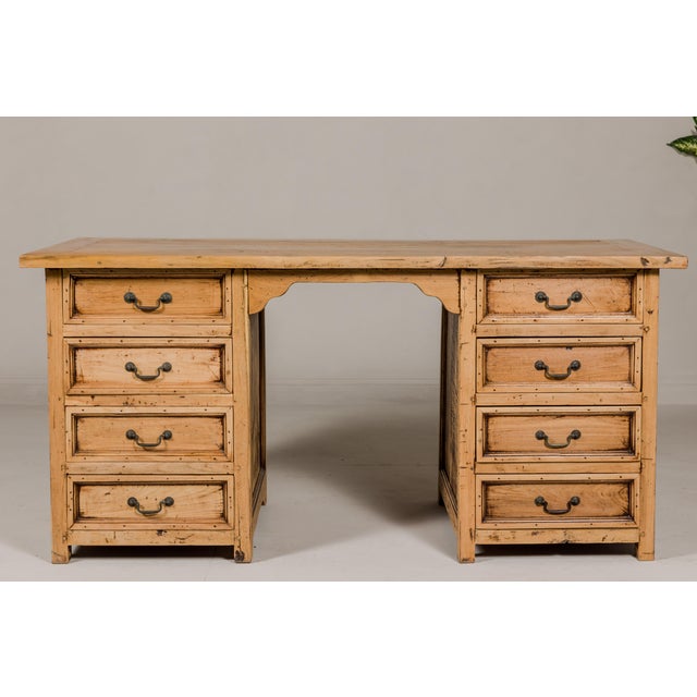 Mid-Century Modern Teak Kneehole Desk with Eight Drawers and Custom Bleached Finish For Sale - Image 3 of 12