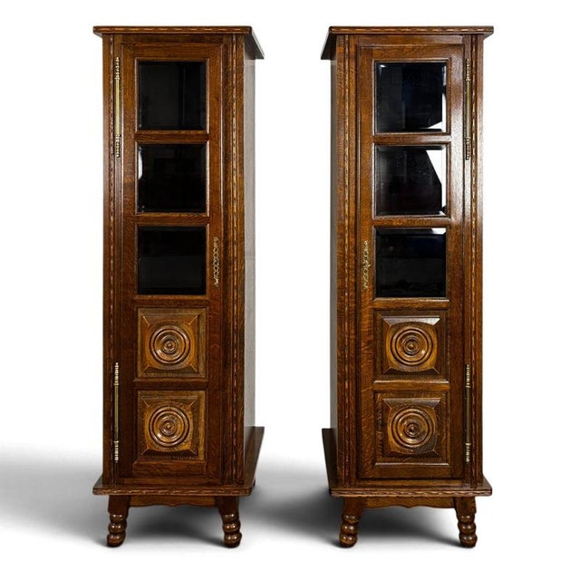 Narrow Art Deco Oak Display Cabinets with Diamond-Point Inlay, 1930s, Set of 2 For Sale - Image 6 of 6