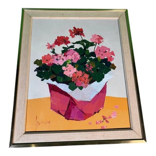 Potted Geraniums Palette Knife Oil Painting, Signed Shunney, Framed For Sale