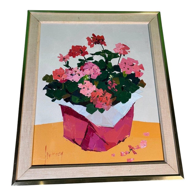 Potted Geraniums Palette Knife Oil Painting, Signed Shunney, Framed For Sale