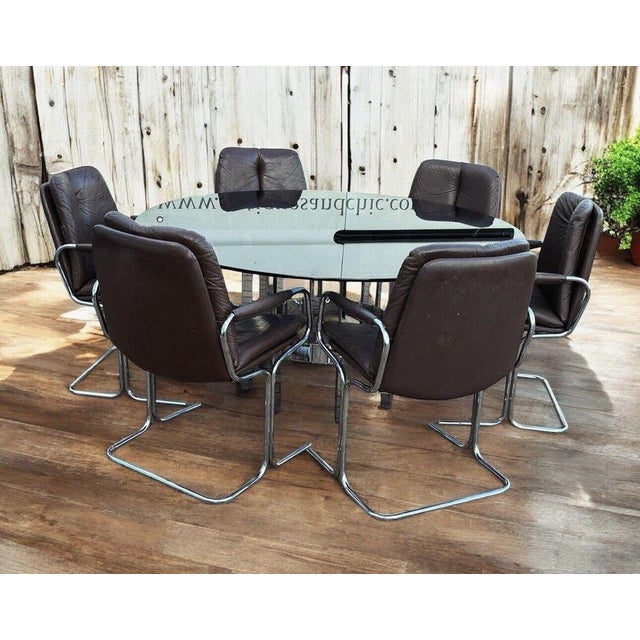 Chrome Table & Brown Leather & Chrome Pieff Chairs by Richard Young for Merrow, Set of 7 For Sale - Image 18 of 18