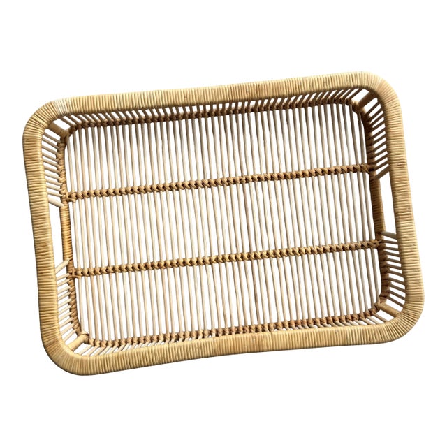 Albini-Inspired Mid 20th-Century Rattan Tray With Rounded Corners & Cut-Out Handles For Sale