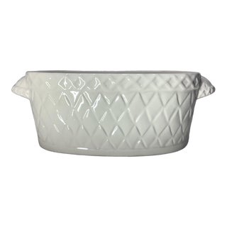 Vintage White Ceramic Oval Basket Weave Planter For Sale