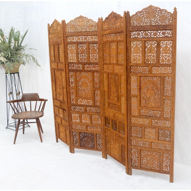 Brown Fine Asian Carved Teak 4 Panels Screen Room Divider Mint! For Sale - Image 8 of 11