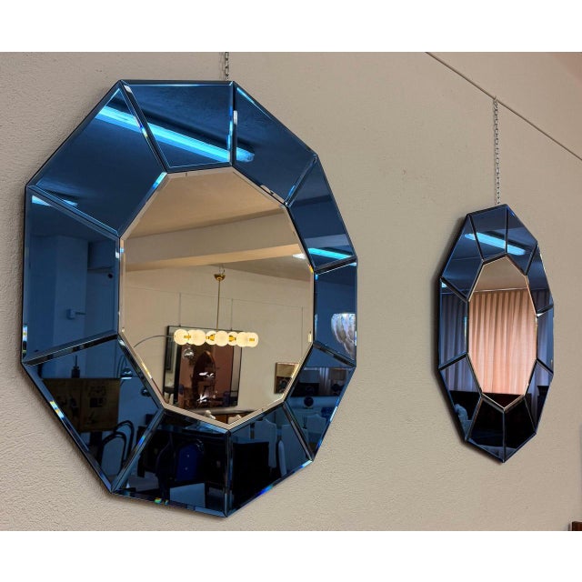 2000 - 2009 Italian Blue Mirrored Glass Decagonal Mirrors, 2000s, Set of 2 For Sale - Image 5 of 11