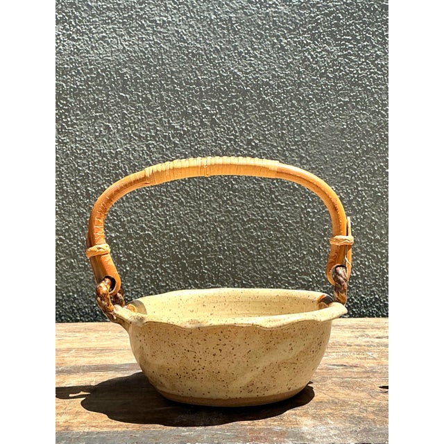 Vintage Rattan Handle Studio Pottery Bowl For Sale - Image 10 of 12