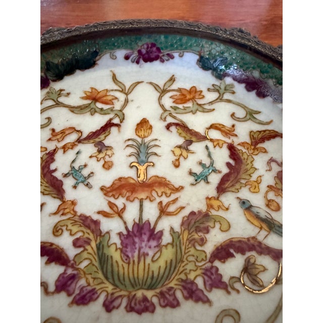 Ceramic Exquisite Antique Hua Rong Tang Zhi Porcelain Brass Footed Decorative Trinket Plate For Sale - Image 7 of 12