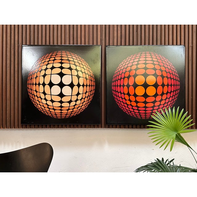 A rare pair of large-format decorative Op Art wall panels, crafted using high-quality enamel signage/screen printing on...
