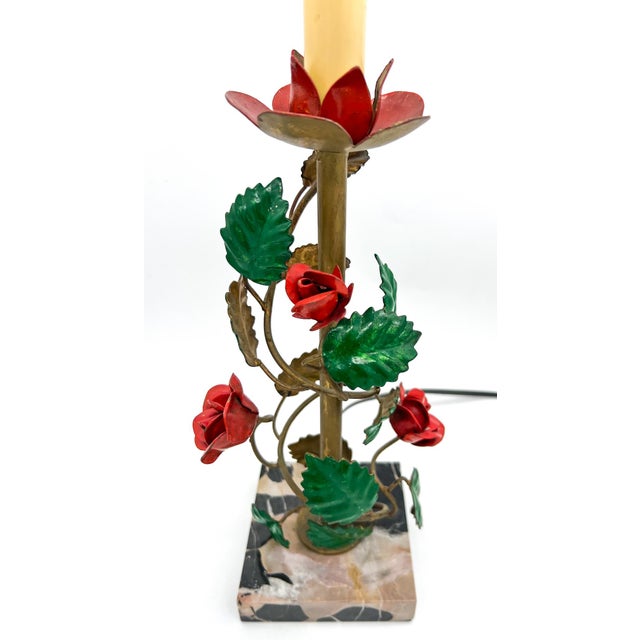 Stylish mid-late 20th century table lamp featuring hand-formed metal rose vines wrapped around a gold gilt central column,...